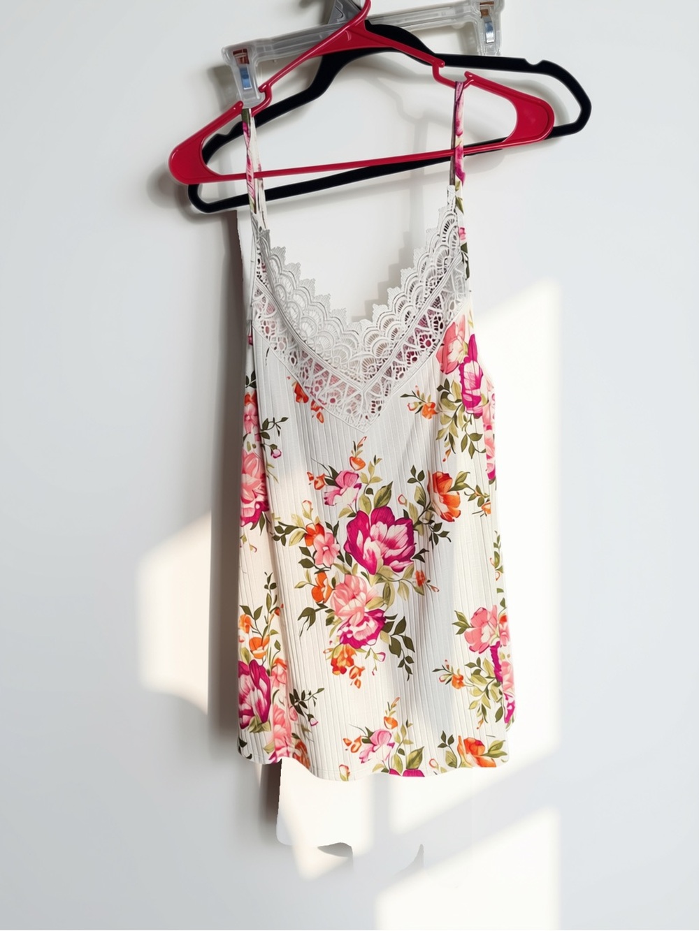 BiBi White Floral Lace Cami with Pink and Coral Blooms